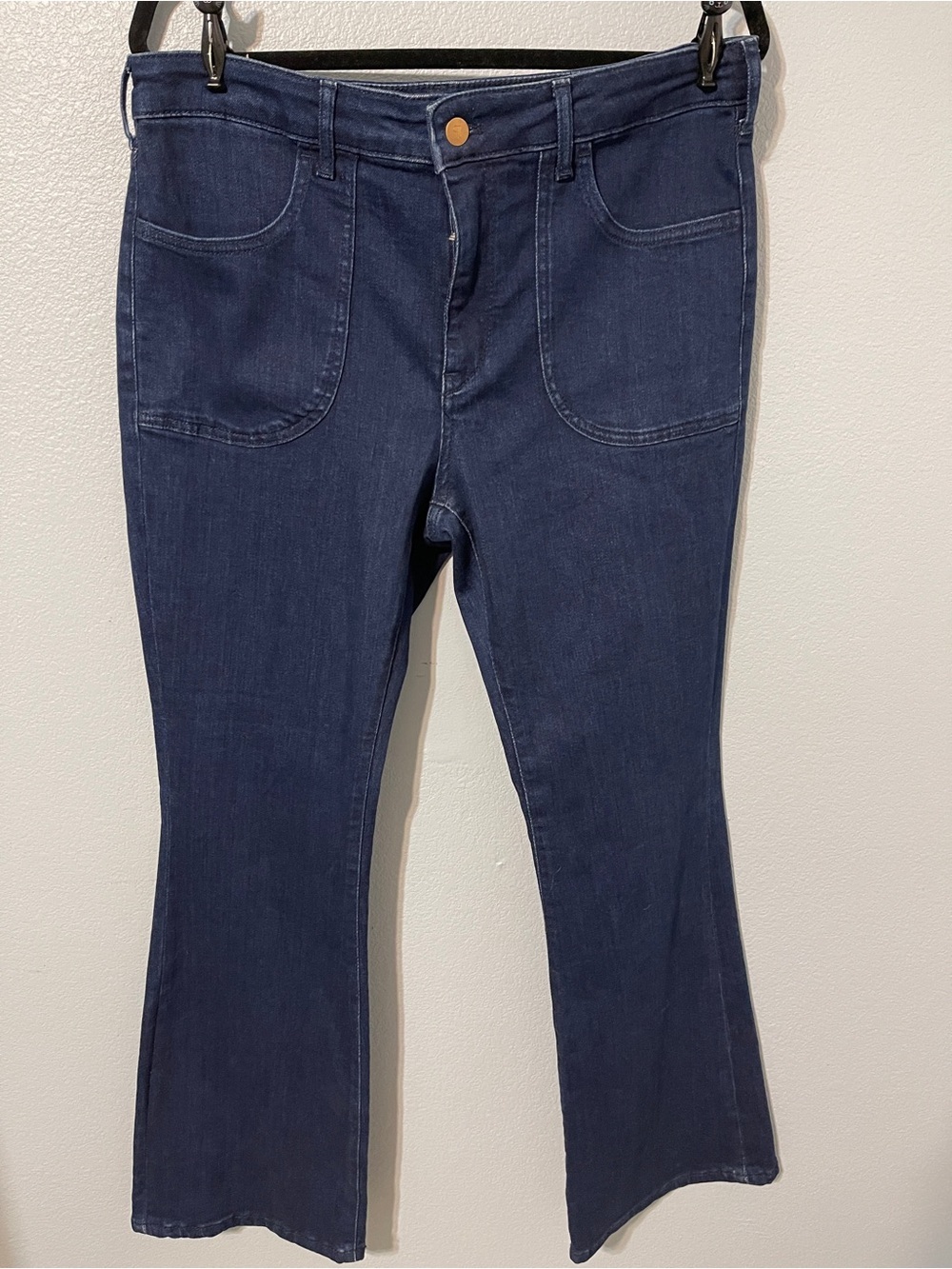 Pilcro Anthropologie Dark Wash Flare Jeans High Rise Patch Pocket Wide Leg 34